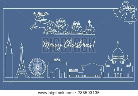 Santa Claus With Christmas Presents In Sleigh With Reindeers Over Famous Buildings And Constructions