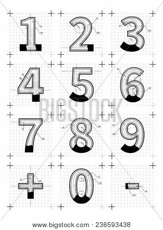 Architectural Sketches Of Numbers. Blueprint Style Letters Isolated On White.