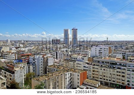 Casablanca, Morocco - April 3, 2018: Panoramic Aerial View Of Casablanca, With Twin Center Towers, M