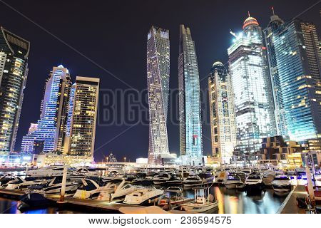 Dubai, Uae - November 19: The Night Illumination Of Dubai Marina And Cayan Tower On November 19, 201
