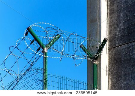 Fence With Razor Barbed Wire. Guarded Area. Military Base. Razor Wire