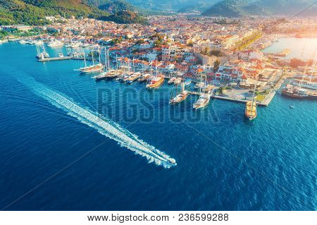 Aerial View Of Boats, Yahts, Floating Ship And Architecture