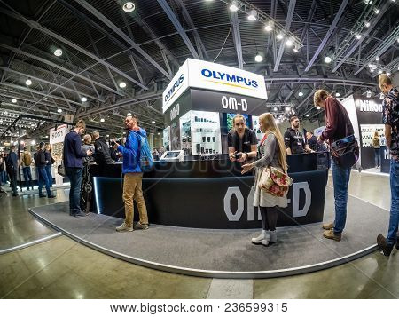 Moscow, Russia - April 13, 2018: Booth Of Olympus Company At Photoforum 2017 Trade Show And Exhibiti
