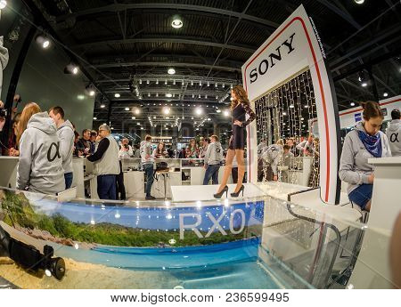 Moscow, Russia - April 13, 2018: Booth Of Sony Company At Photoforum 2018 Trade Show And Exhibition 