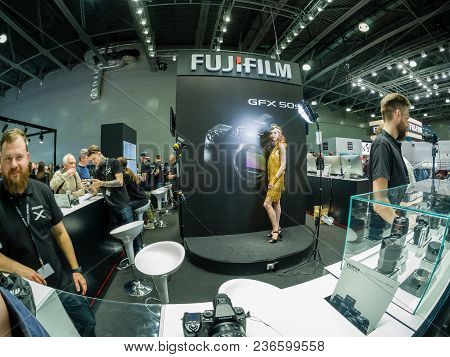 Moscow, Russia - April 13, 2018: Booth Of Fujifilm Company At Photoforum 2018 Trade Show And Exhibit