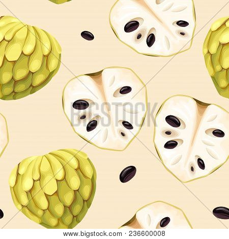 Cherimoya Fruit, Slice And Seeds Vector Seamless Background