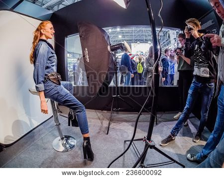 Moscow, Russia - April 13, 2018: Studio Area Inside Olympus Art Space Booth At Photoforum 2018 Trade