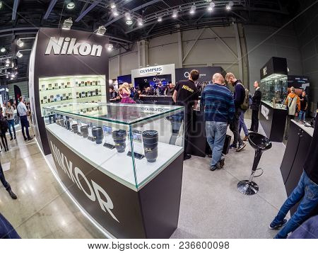 Moscow, Russia - April 13, 2018: Booth Of Nikon Company At Photoforum 2018 Trade Show And Exhibition