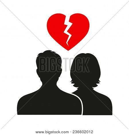 Divorce Heartache Concept. Broken Heart Carried By Stick Man And Woman. Isolated On White Background