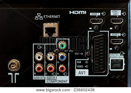 Close Up Various Sockets On Back Panel Of Computer Or Tv Set