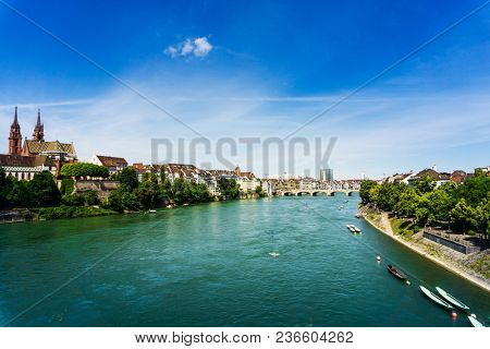 BASEL, SWITZERLAND - June 16, 2017: Rhine river in Basel, Switzerland