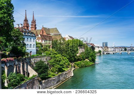 BASEL, SWITZERLAND - June 16, 2017: Rhine river in Basel, Switzerland