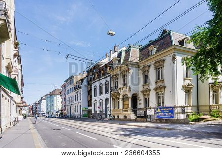 BASEL, SWITZERLAND - June 16, 2017: Street view of Basel cityscape, Switzerland