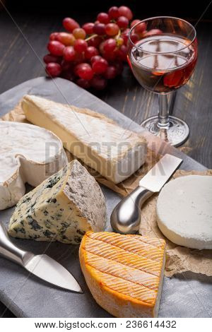French Cheeses Plate In Assortment, Blue Cheese, Brie, Munster, Soft Goat Cheese, Neufchatel Heart S