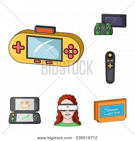 Game Console And Virtual Reality Cartoon Icons In Set Collection For Design.game Gadgets Vector Symb
