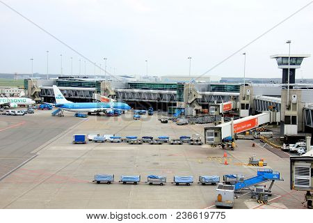 Amsterdam Airport Schiphol  The Netherlands -  April 14th 2018: Several Planes On Tarmac At Amsterda