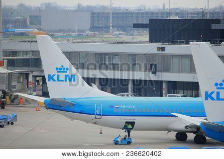 Amsterdam Airport Schiphol  The Netherlands -  April 14th 2018: Ph-hsd Klm Royal Dutch Airlines Boei