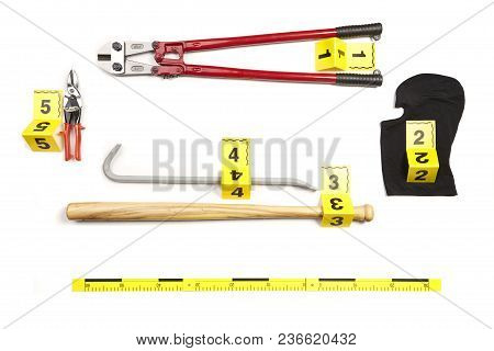 Bolt Cutters, Baseball Bat, Balaclava, Pliers And Other Props Of Burglary Documented As Evidence Of 