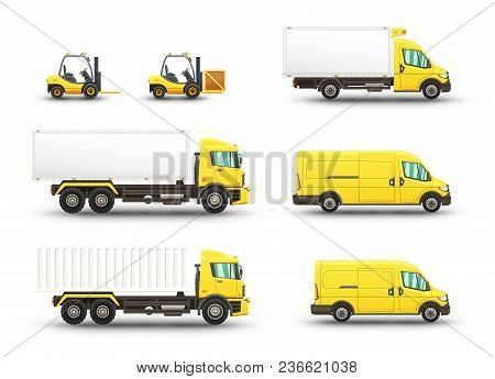 Set Of Delivery And Transportation Vehicles Illustrations Isolated On White Background.