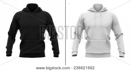 Men's hoodie. Sweatshirt with pocket. Front view. 3d rendering. Clipping paths included: whole object, hood, sleeve, rope tie, pocket. Highlights and shadows template mock-up.