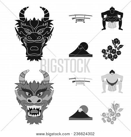 Dragon Mask, Katano, A Man Is A Sumo Player, A Fujiama Mountain.japan Set Collection Icons In Black,