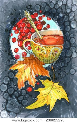 Golden Cup With Berry Drink, With Autumn Foliage And Berries