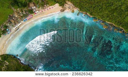 Aerial top view of the Atuh beach bay in the Nusa Penida island, near Bali, Indonesia