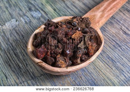 Myrrh Tree Resin Closeup In Wooden Spoon
