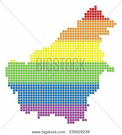 Vector Homosexual Tolerance Borneo Island Map In Lgbt Flag Colors On A White Background. Spectrum Ve