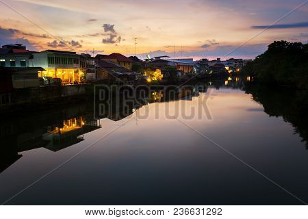 Old Town Chanthaboon Waterfront At Twilight, Asia Thailand.