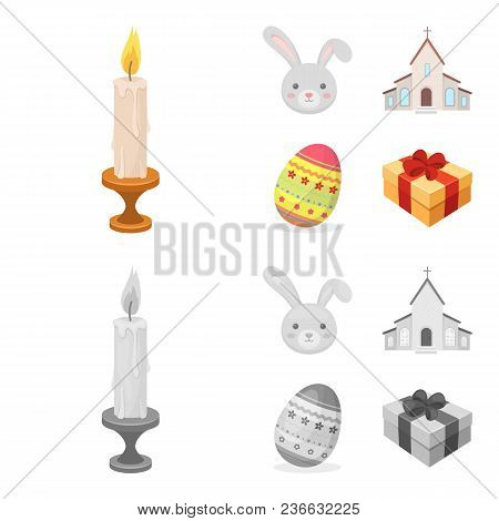 Church, Candle, Easter Bunny And Painted Egg.easter Set Collection Icons In Cartoon, Monochrome Styl