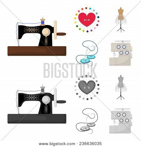 Needle And Thread, Sewing Machine, Pincushion, Dummy For Clothing. Sewing And Equipment Set Collecti