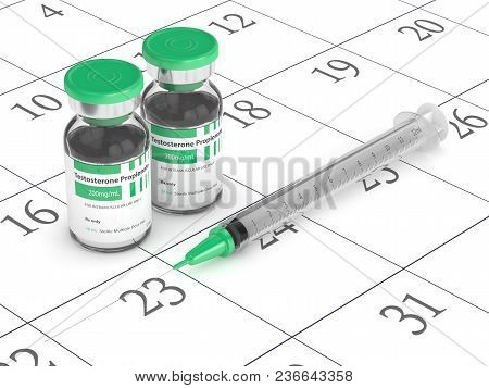 3d Render Of Testosterone Propionate Vial With Syringe Lying On Calendar. Anabolic Steroids Concept.
