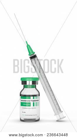 3d Render Of Testosterone Propionate Vial With Syringe Over White Background. Anabolic Steroids Conc