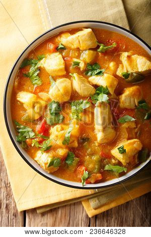 Brazilian Traditional Bobo Chicken With Vegetables In Coconut Milk Close-up. Vertical Top View