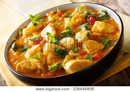 Brazilian Typical Food Bobo Chicken With Yuca And Pepper In Coconut Milk Close-up. Horizontal