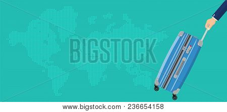 Travel Bag In Hand. Plastic Case. Trolley On Wheels. Travel Baggage And Luggage. World Map. Vector I