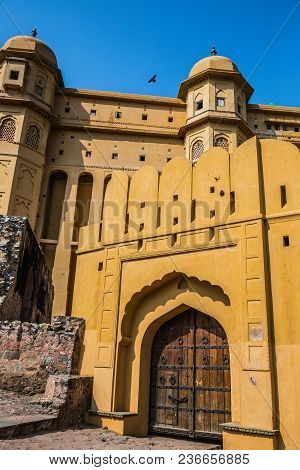 Large Wooden Gate Amer Fort. The Fortified Residence Of Raja Man Singha. India