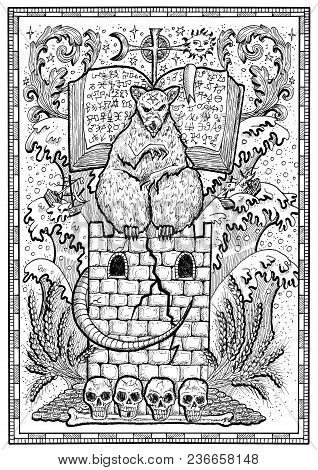 Rat Symbol In Frame. Scary Mouse Sitting On Tower With Book And Mystic Signs. Fantasy Engraved Illus