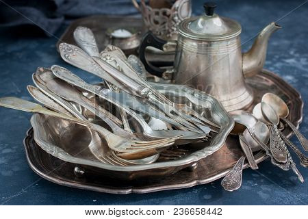 Vintage Old Utensils Made Of Nickel Silver, Tableware (kettle, Teaspoons, Tablespoons, Knives, Forks