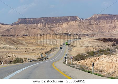 Asphalt Road In Desert Negev, Israel, Road 40, Transport Infrastructure In Desert, Scenic Mountains