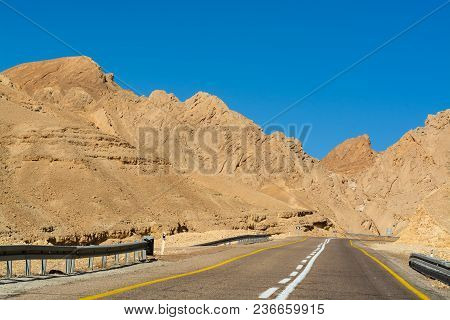 Asphalt Road In Desert Negev, Israel, Road 12, Transport Infrastructure In Desert, Scenic Mountains