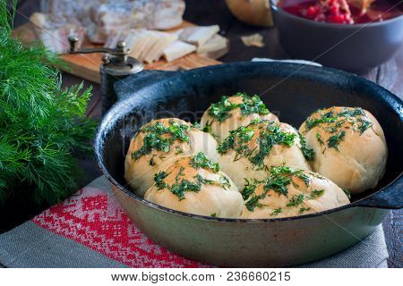 Pampushki With Garlic And Greens, Traditional Ukrainian Buns For Borsch, Selective Focus