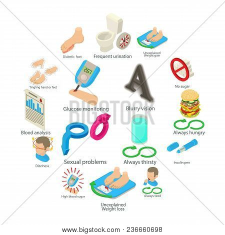 Diabetes Disease Icons Set. Isometric Illustration Of 16 Caveman Vector Icons For Web