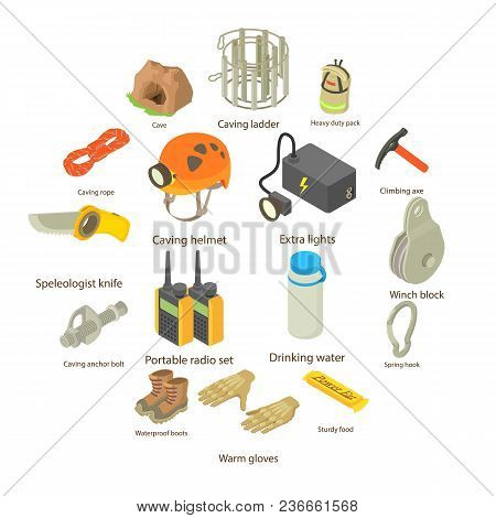 Speleologist Icons Set. Isometric Illustration Of 16 Speleologist Vector Icons For Web
