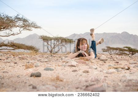 Girl Have Fun In Desert In A Summer Day