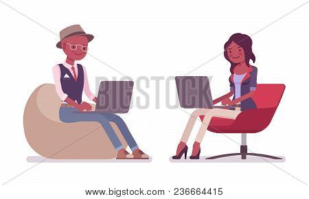 Black Intelligent Smart Casual Man And Attractive Woman Wearing Hat And Glasses Sitting In Armchair 