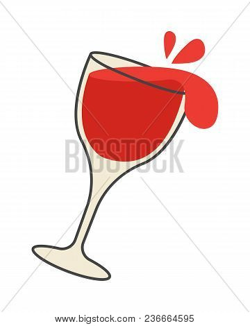 Red Wine Pours Out Of Overturned Glass Cartoon Style Isolated On White Background. Realistic Symbol 