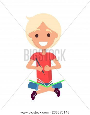 Smiling Boy In Sitting Position Wearing Red T-shirt And Blue Shorts With Green Book On His Lap And L