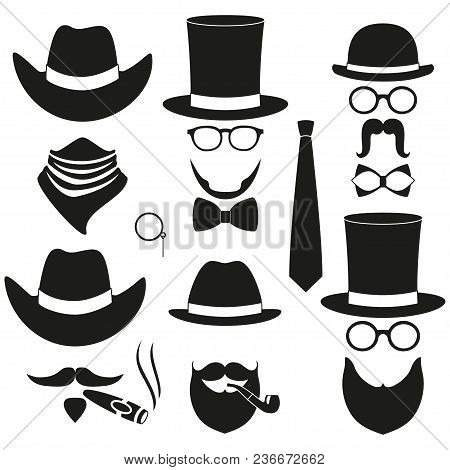 Black And White 6 Silhouette Man Avatar Element Set. Hipster Vector Illustration For Gift Card Certi